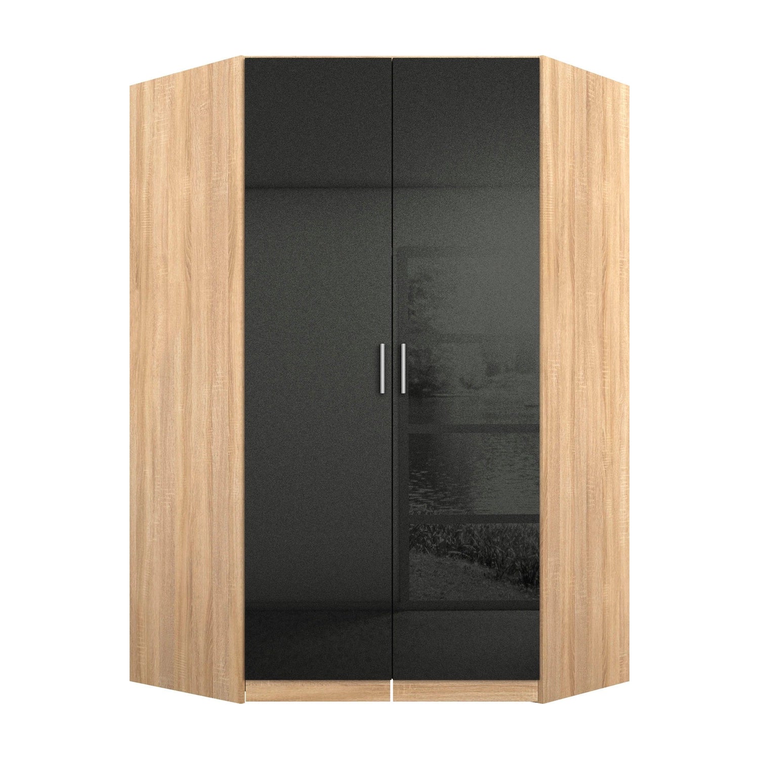 Rauch Celle High Gloss Effect Grey With Carcase Light Textured Oak 2 Door Corner Wardrobe