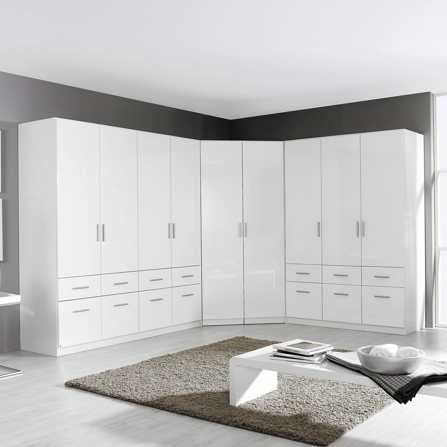 Rauch Celle White High Gloss 2 Door Corner Wardrobe - Styled in a Bedroom