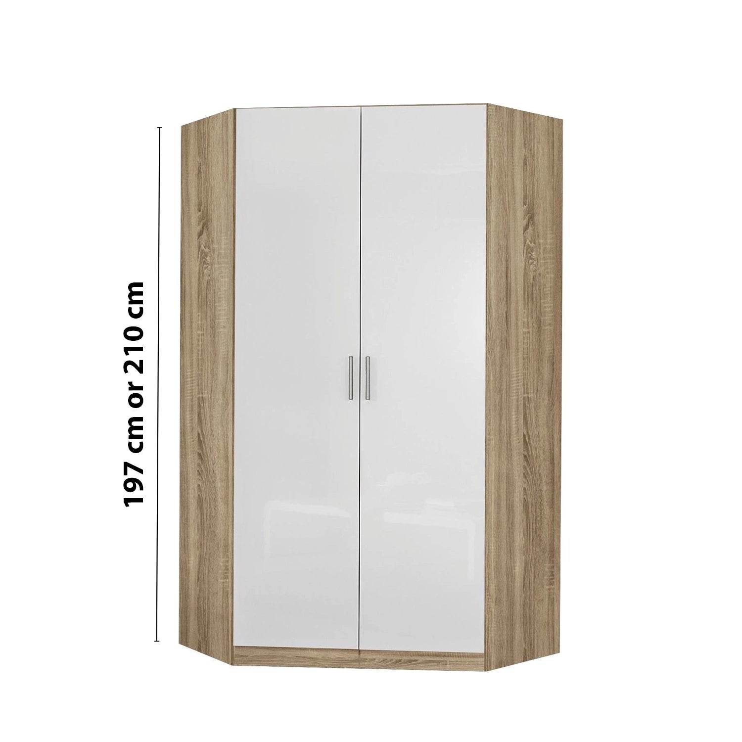 Rauch Celle Light Textured Oak Carcase With High Gloss White 2 Door Corner Wardrobe - Dimensions