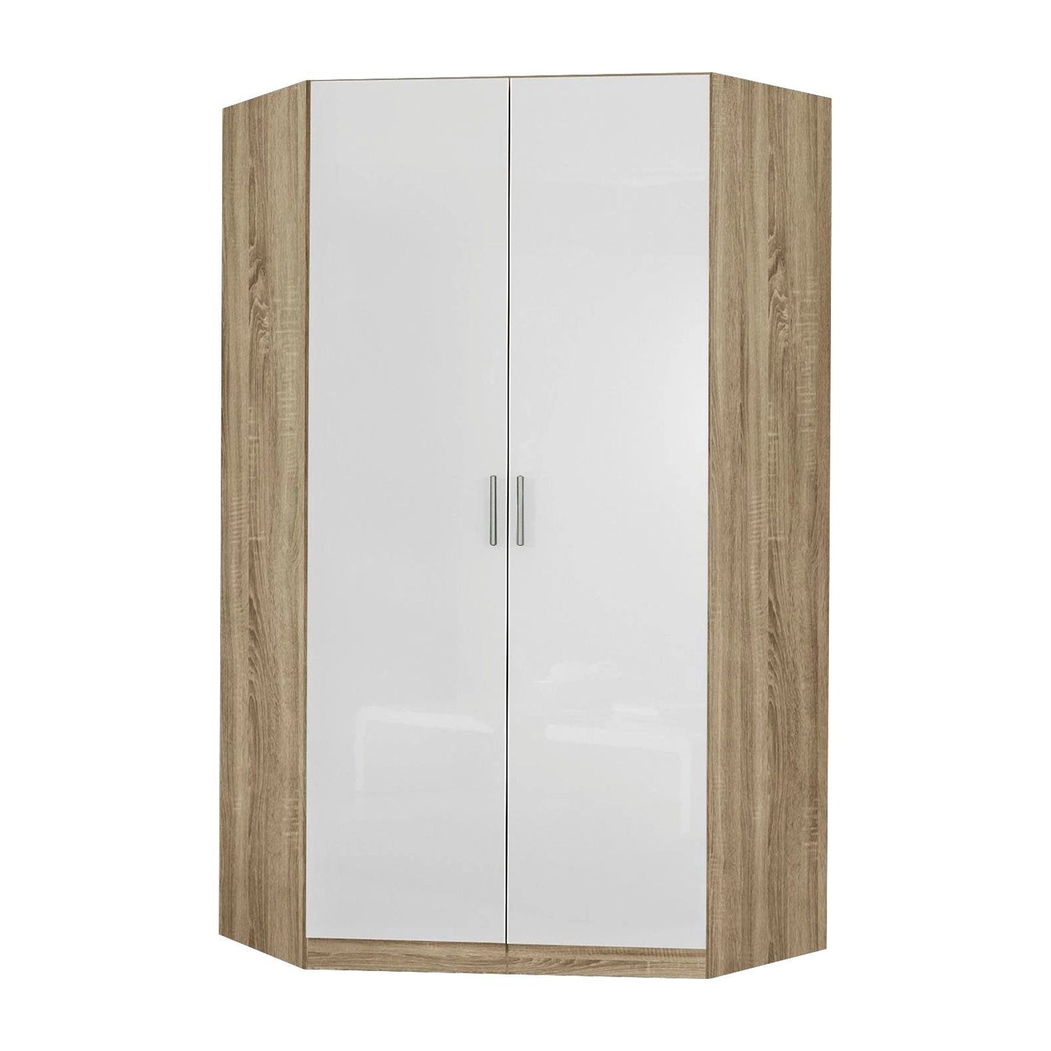 Rauch Celle Light Textured Oak Carcase With High Gloss White 2 Door Corner Wardrobe 