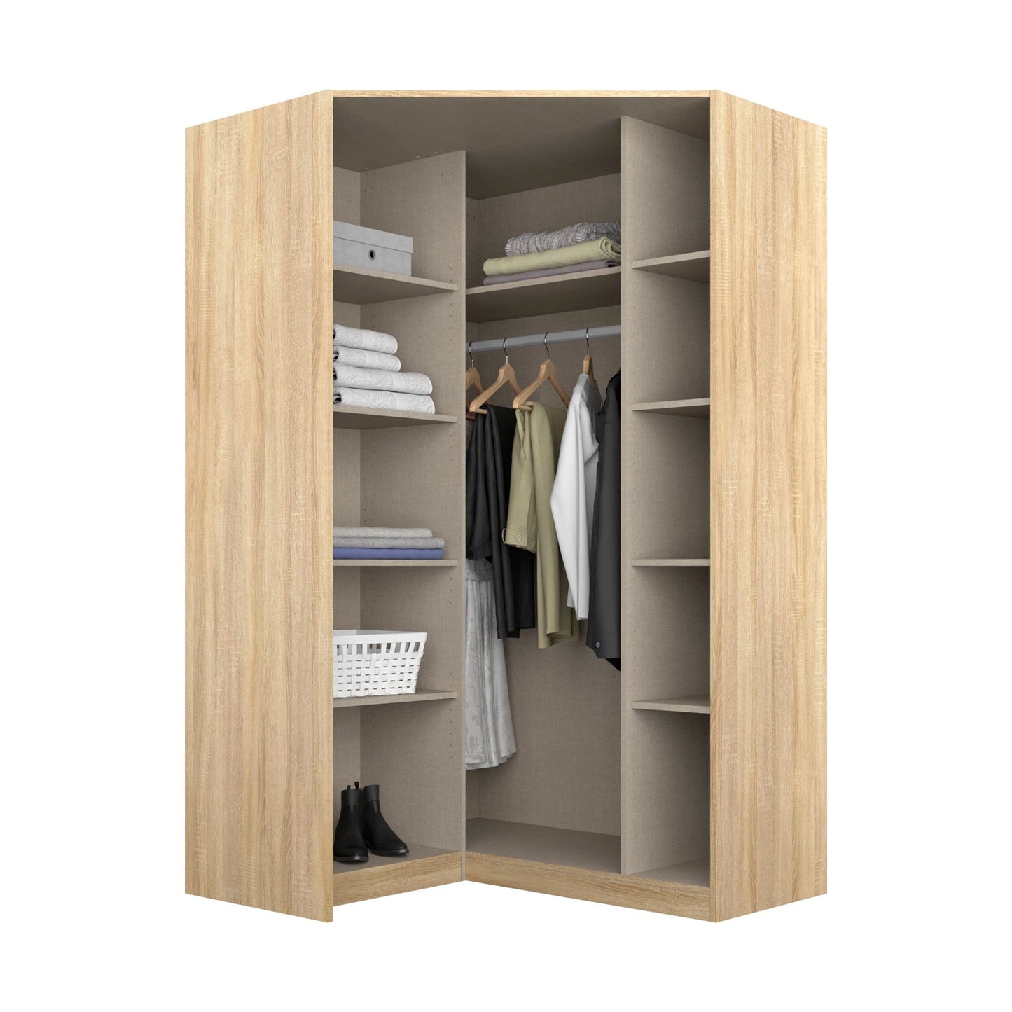 Rauch Celle Light Textured Oak Carcase With High Gloss White 2 Door Corner Wardrobe - interior Styled in a Bedroom