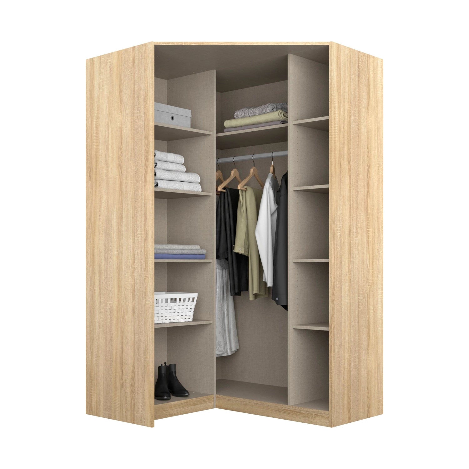 Rauch Celle Light Textured Oak Carcase With High Gloss White 2 Door Corner Wardrobe - interior Styled in a Bedroom