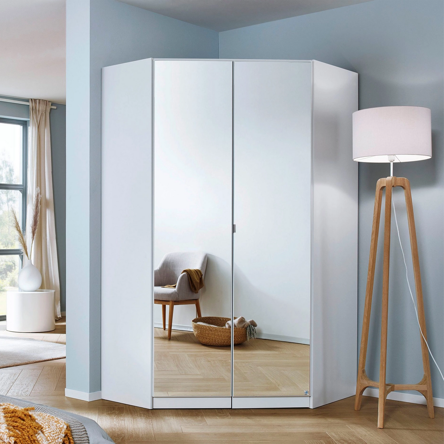 Rauch Celle White High Gloss 2 Door Corner Wardrobe With Mirror - Styled in a Bedroom