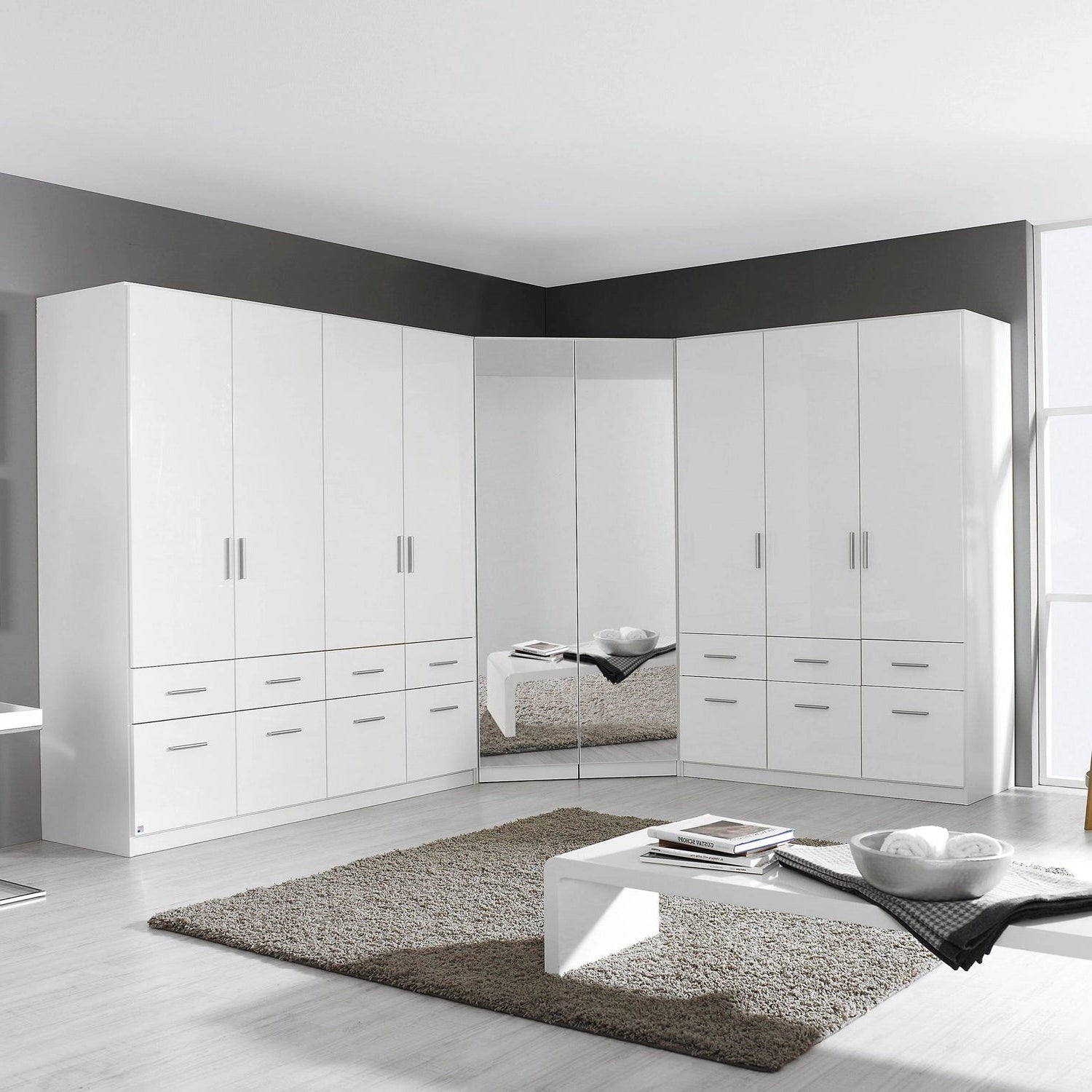 Rauch Celle White High Gloss 2 Door Corner Wardrobe With Mirror - Styled in a Bedroom