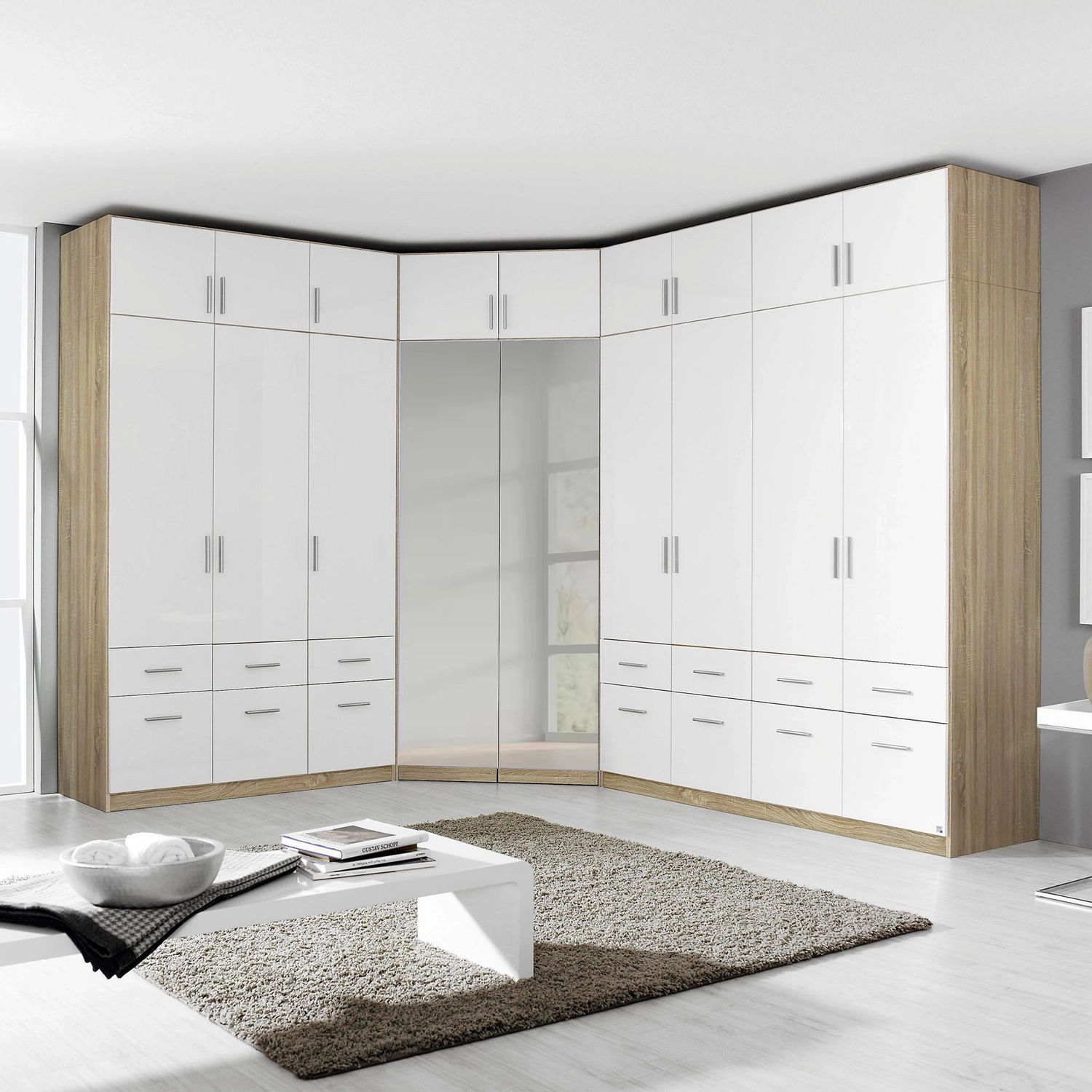 Rauch Celle Sonoma Oak 2 Door Corner Wardrobe With Top Unit - Styled in a Bedroom