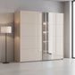 Rauch Perth modern sliding door wardrobe with premium champagne glass front panels, square mirror pad inserts, and optional matching surrounding LED frame lighting