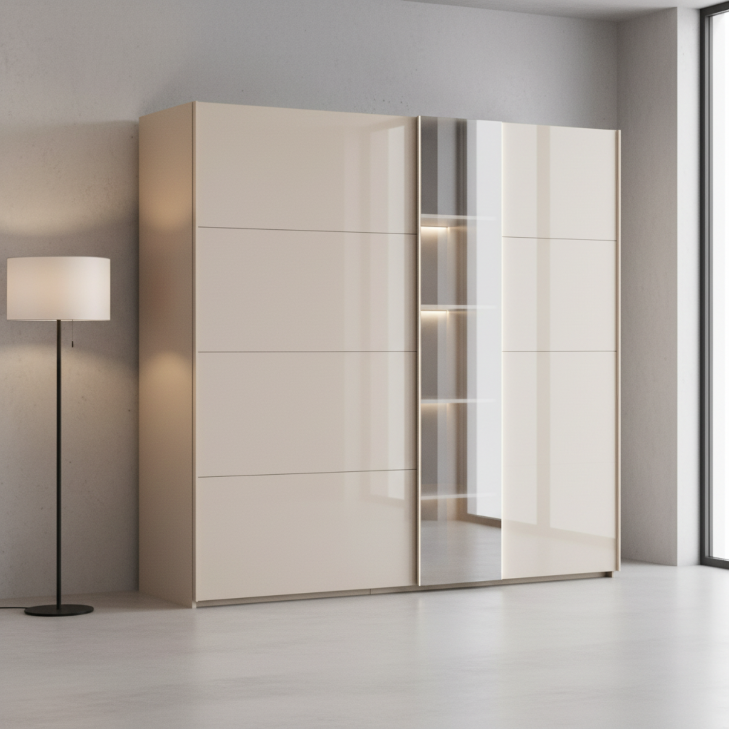 Rauch Perth modern sliding door wardrobe with premium champagne glass front panels, square mirror pad inserts, and optional matching surrounding LED frame lighting