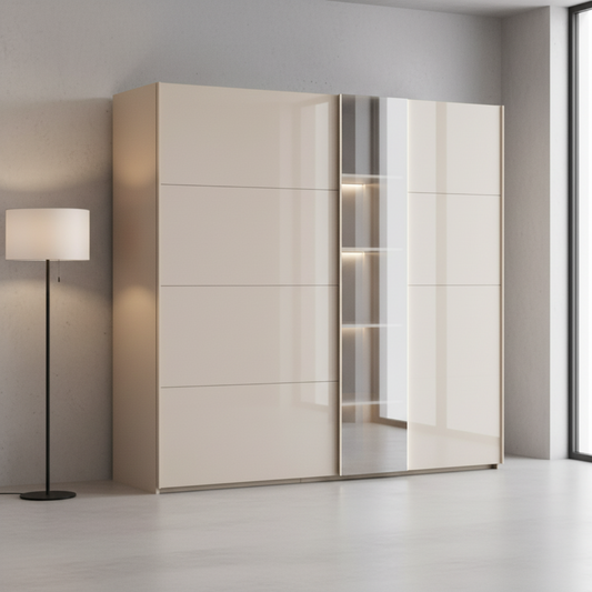 Rauch Perth modern sliding door wardrobe with premium champagne glass front panels, square mirror pad inserts, and optional matching surrounding LED frame lighting