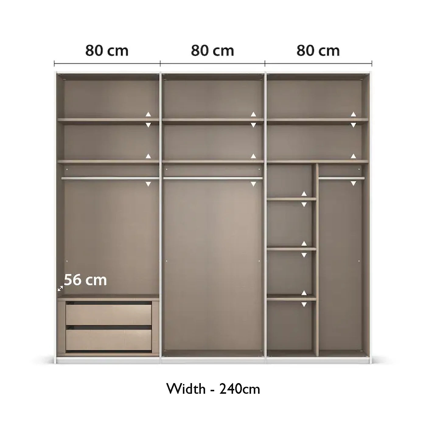 Rauch 240cm Large 3 door Contido Sliding Wardrobe Premium Interior With Dimensions on White Background
