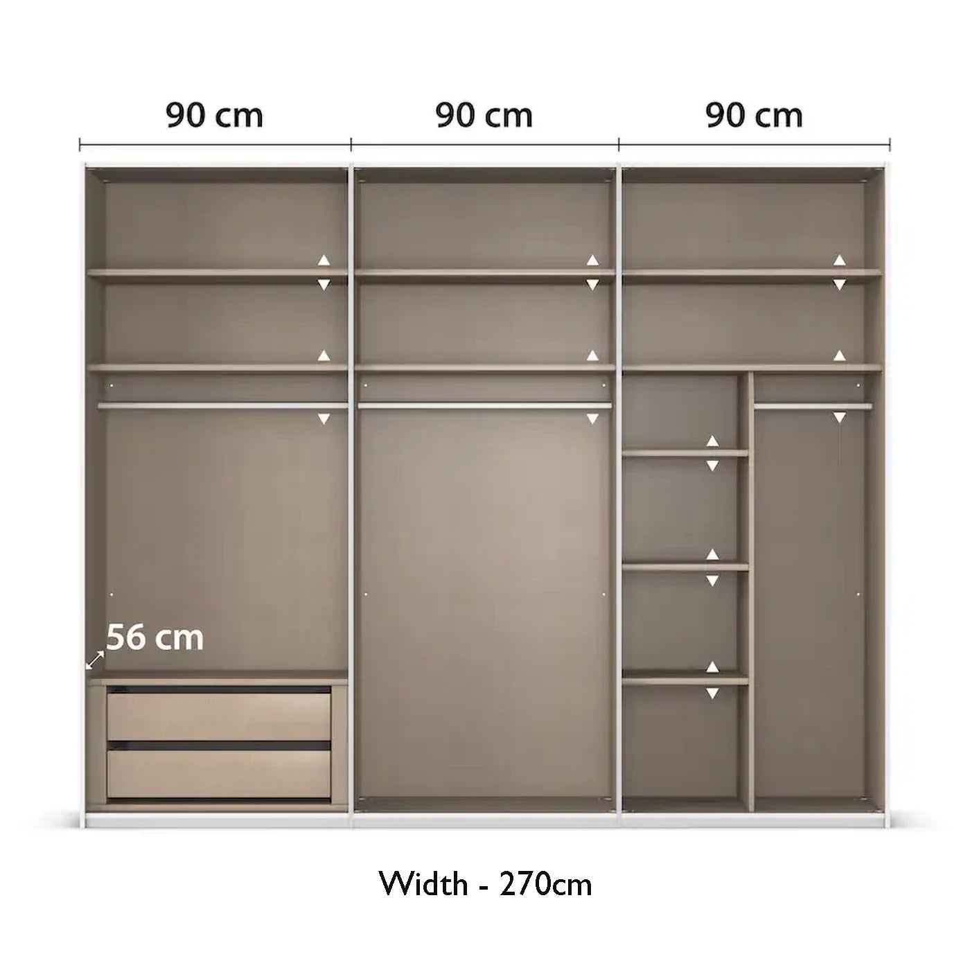 Rauch 270cm Large 3 door Contido Sliding Wardrobe Premium Interior With Dimensions on White Background