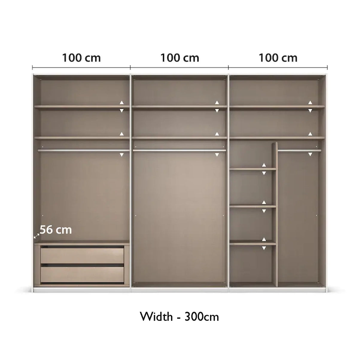 Rauch 300cm Large 3 door Contido Sliding Wardrobe Premium Interior With Dimensions on White Background