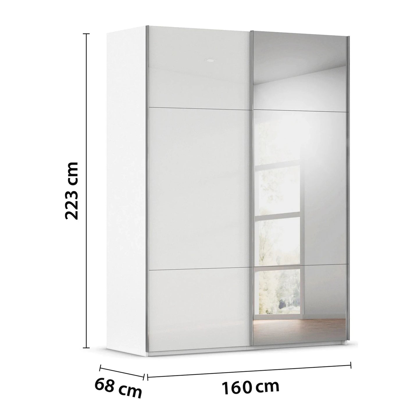 160cm Wide Rauch Contido white two door sliding wardrobe with three-panel doors and dimensions labeled on a white background