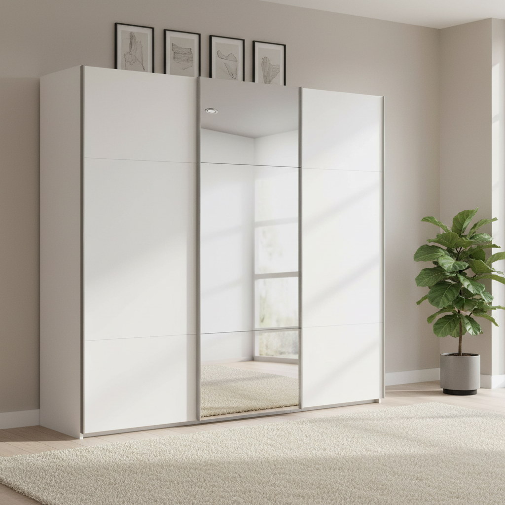 Rauch Orange Plus contido White Decor three door sliding Wardrobe with Mirror on the Middle Door styled in a room