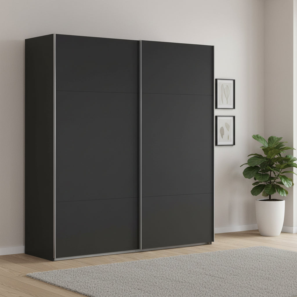 German-made Rauch Contido sliding wardrobe in black with premium interior included as standard. Choose 160cm, 180cm or 200cm. Free delivery.