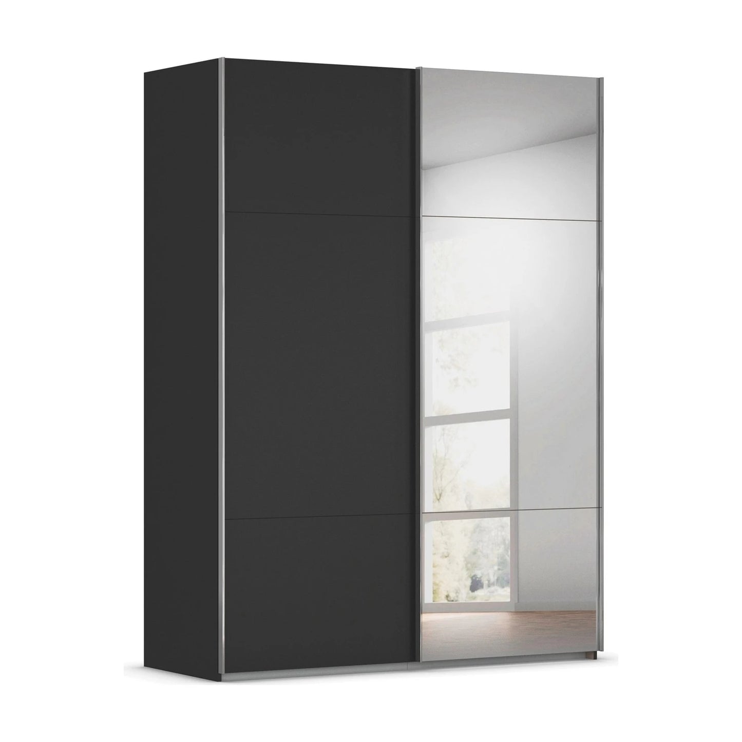 Rauch Orange Plus Contido black two door sliding Door wardrobe with one Mirror door and three-panel on each doors 