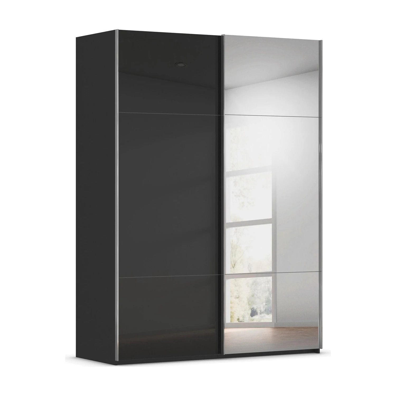 Rauch Orange Plus Contido black glass two door sliding Door wardrobe with one Mirror door and three-panel on each doors 