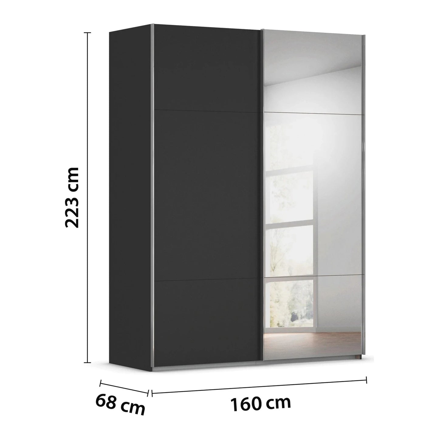 Rauch Orange Plus Contido 160cm Wide black sliding wardrobe With 1 Mirror door  with mirror dimensions labeled on a white background