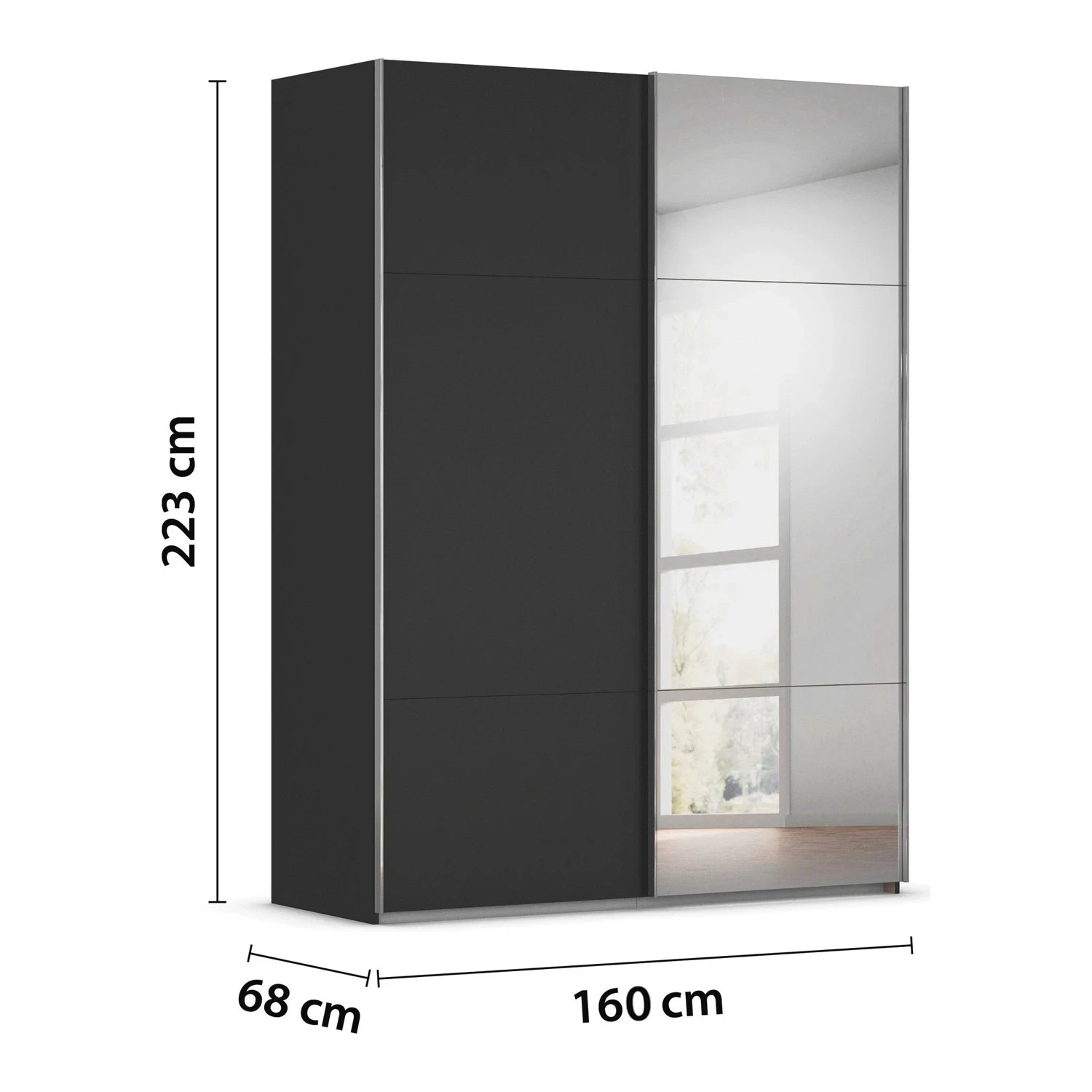 Rauch Orange Plus Contido 160cm Wide black sliding wardrobe With 1 Mirror door  with mirror dimensions labeled on a white background