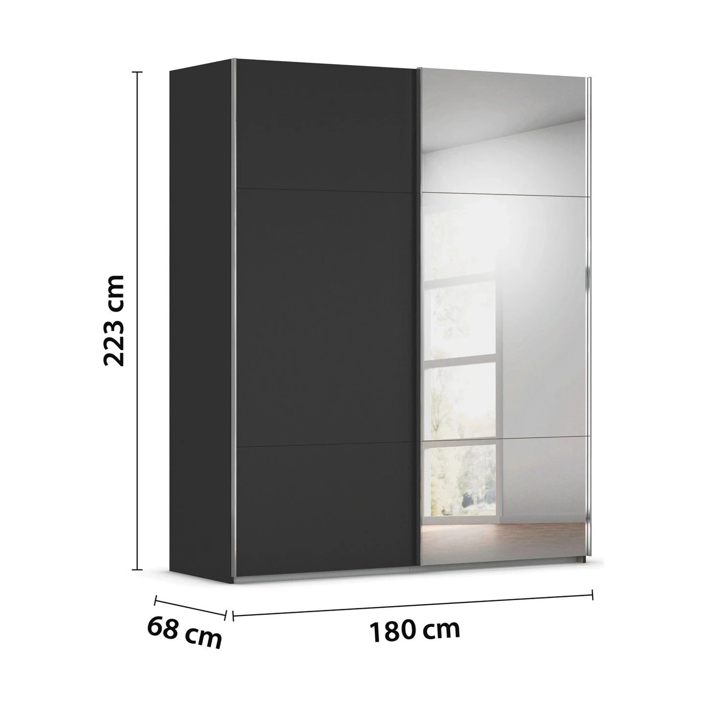 Rauch Orange Plus Contido 180cm Wide black sliding wardrobe With 1 Mirror door  with mirror dimensions labeled on a white background