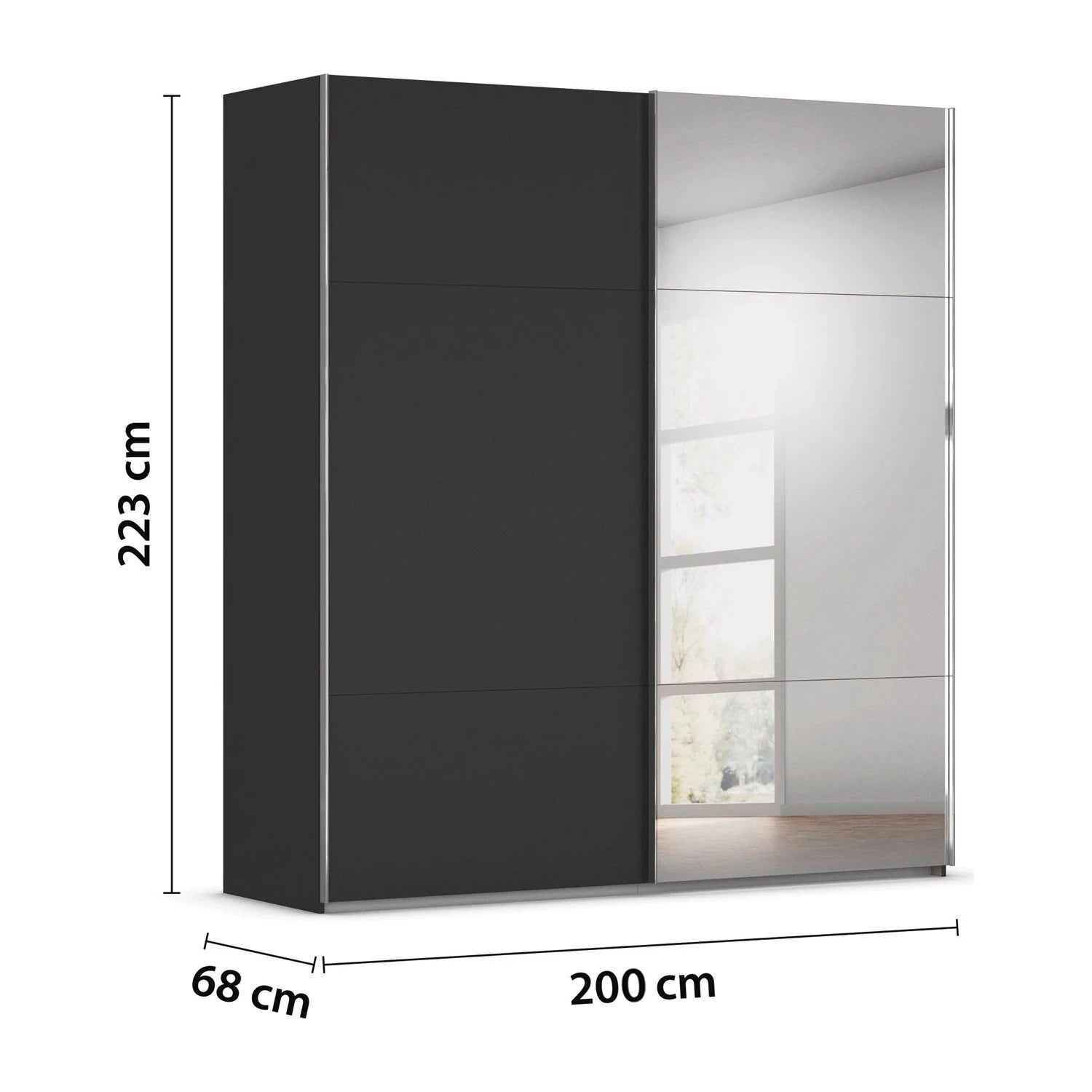 Rauch Orange Plus Contido 200cm Wide black sliding wardrobe With 1 Mirror door  with mirror dimensions labeled on a white background