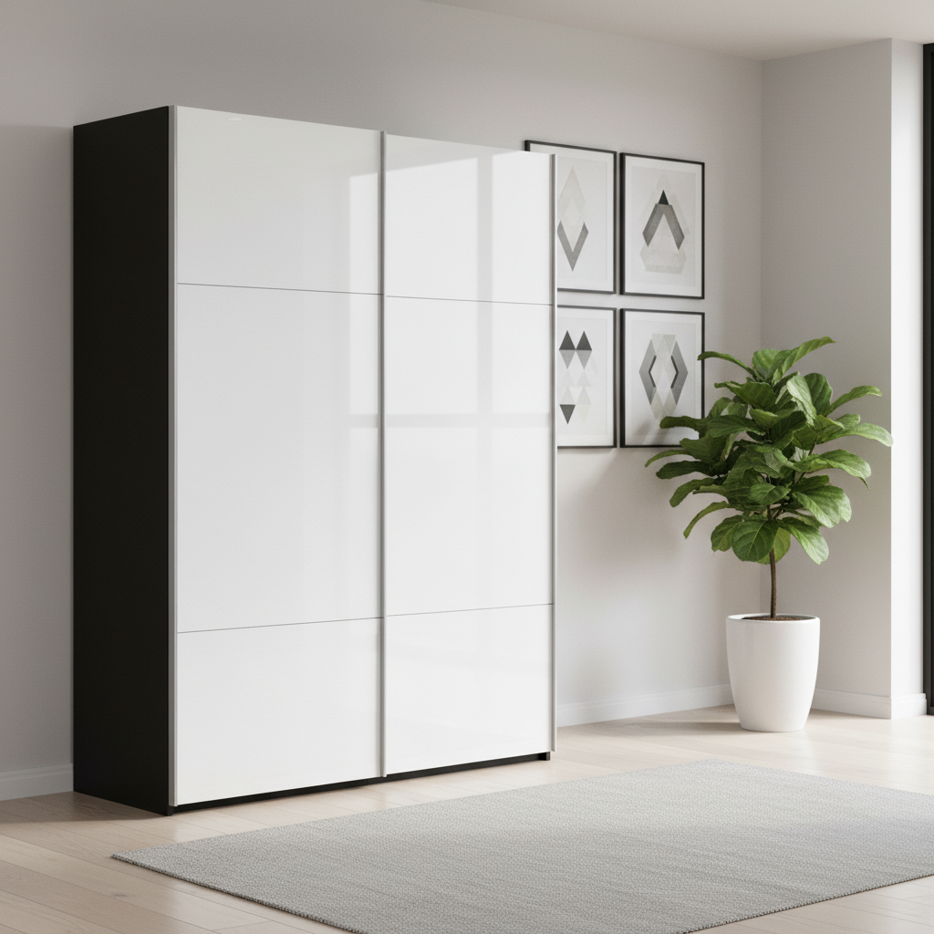 Rauch Orange Plus contido Black Carcase and White Glass Front two Door Sliding Wardrobe 