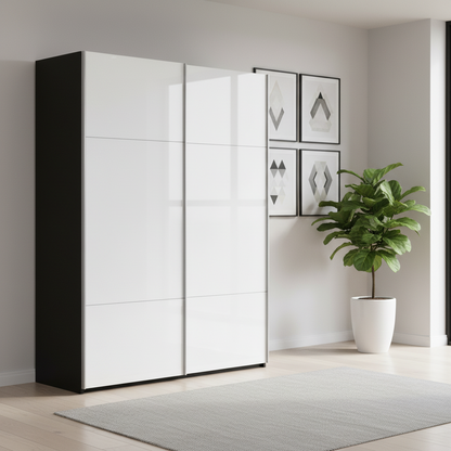 Rauch Orange Plus contido Black Carcase and White Glass Front two Door Sliding Wardrobe 
