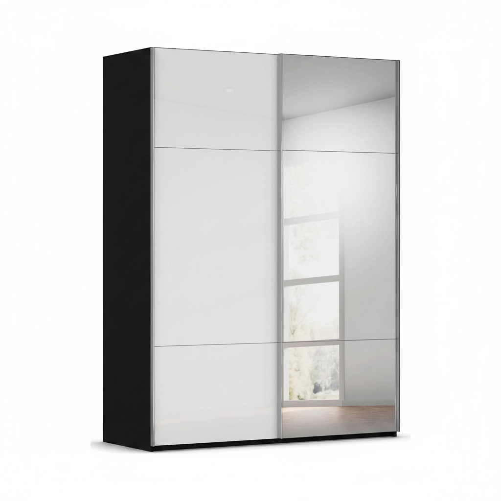 Two Colour Tone Black & White Small 2 Door Sliding Wardrobe with White Glass & Mirror Front