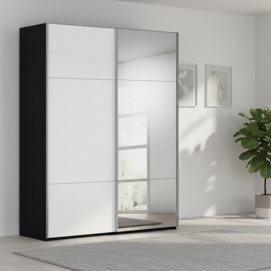 Rauch Orange Plus contido Black Carcase and White Glass Front two Door Sliding Wardrobe with Mirror and Chrome Handles