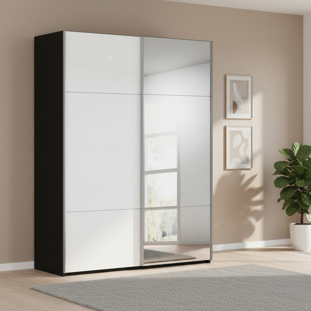 Rauch Orange Plus Tow colour tone Contido Black Carcase and White Glass Front two Door Sliding Wardrobe with Mirror 