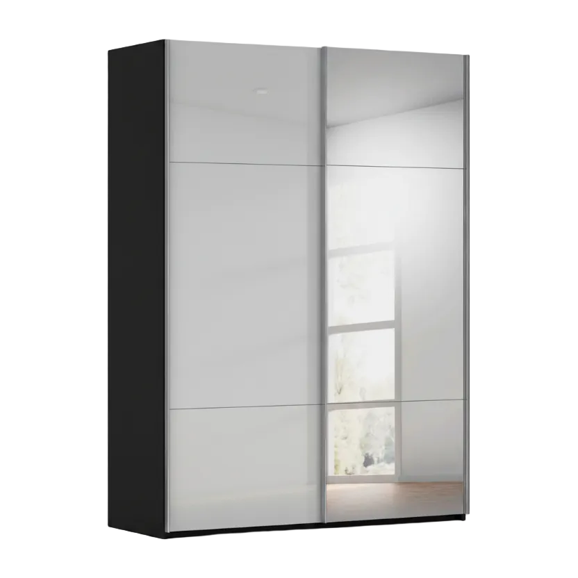 Rauch Contido two Door Silk Gray glass and Mirror Sliding Door Wardrobe with Black Carcase Width 160, 180 or 200cm
