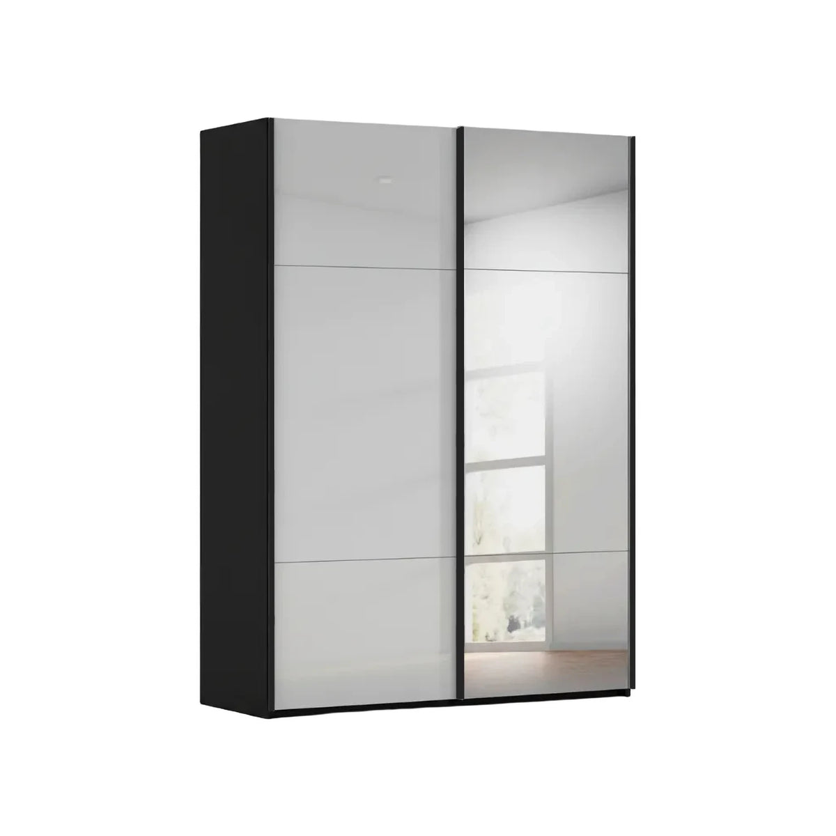 Rauch Contido 2 Door Silk Gray glass Sliding Door Wardrobe with Mirror Black Carcase and Handle Bars Width 160, 180 or 200cm