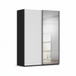 A modern wardrobe or tall storage cabinet with a black side panel and two sliding doors: one white panel and one mirrored panel reflecting a bright room interior. Shown on a clean white background.