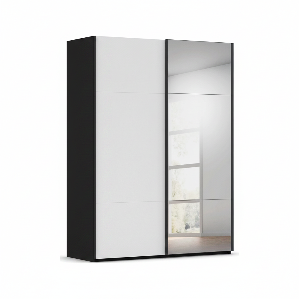 A modern wardrobe or tall storage cabinet with a black side panel and two sliding doors: one white panel and one mirrored panel reflecting a bright room interior. Shown on a clean white background.