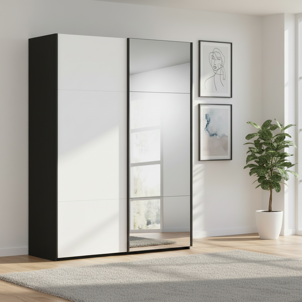 Rauch Orange Plus contido Black Carcase and White Glass Front two Door Sliding Wardrobe with Mirror with Black Door Handles