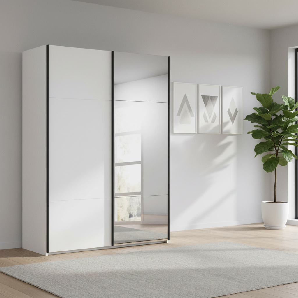 Rauch Contido White 2 Door Sliding Wardrobe With Mirror and Black Handle Strips