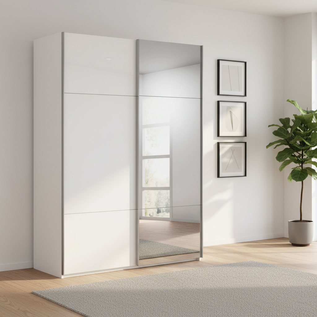 German-made Rauch Contido sliding wardrobe in white with premium interior included as standard. Choose 160cm, 180cm or 200cm. Free delivery.