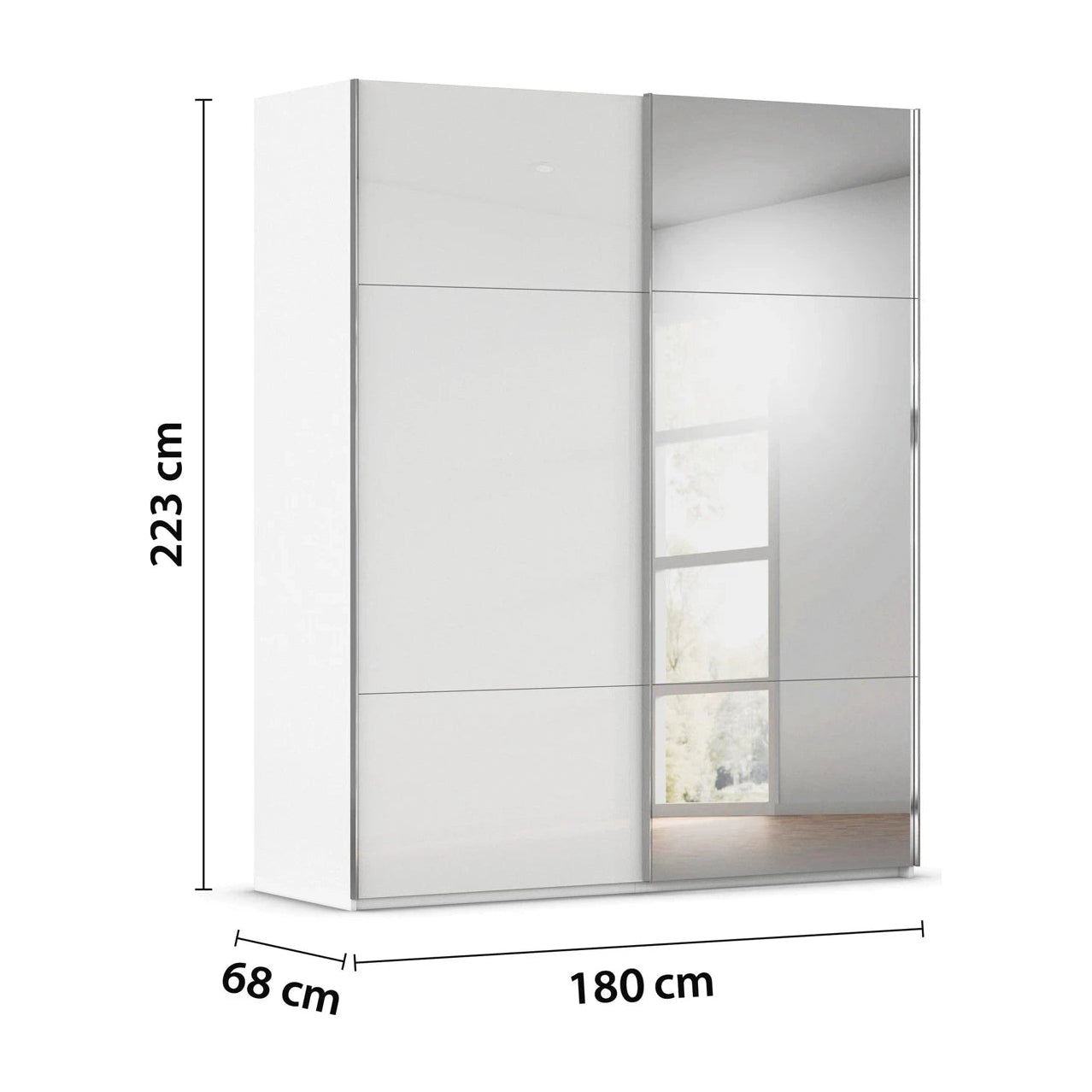 180cm Wide Rauch Contido white two door sliding wardrobe with three-panel doors and dimensions labeled on a white background
