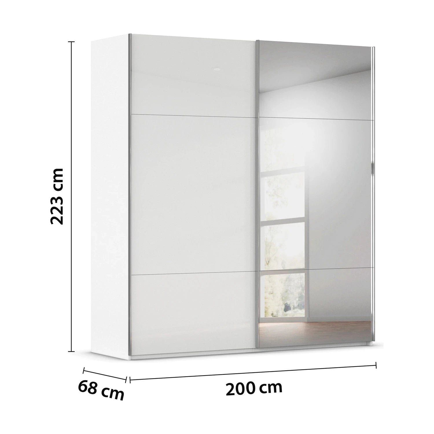 200cm Wide Rauch Contido white two door sliding wardrobe with three-panel doors and dimensions labeled on a white background