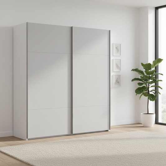 Rauch Orange Plus Contido 2 Door Silk Grey Decor Front Sliding Door Wardrobe with Chrome Handles Styled in a Room