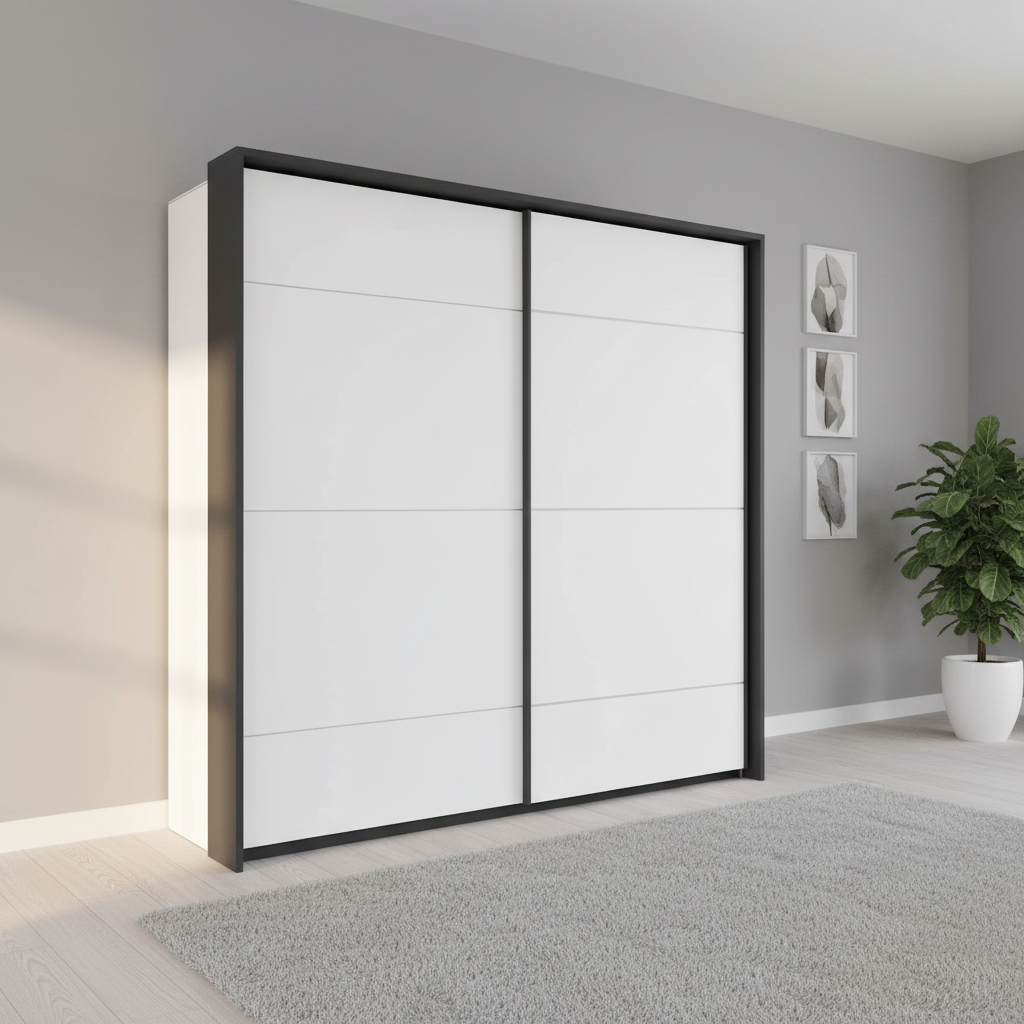 Rauch Corvo White Sliding wardrobe door with black frame and white panels 