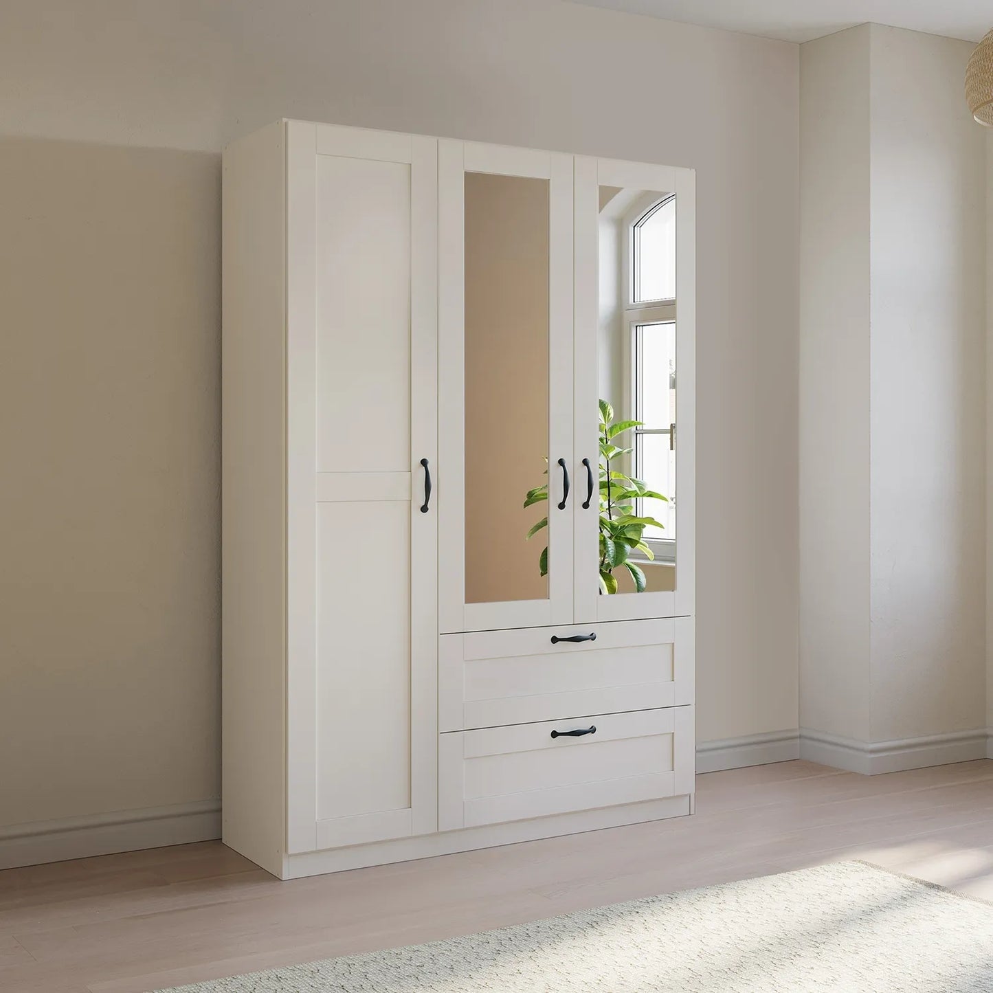 Rauch Cottage 136cm White 3 Door Wardrobe with Drawers & Mirror - Styled in a Bedroom