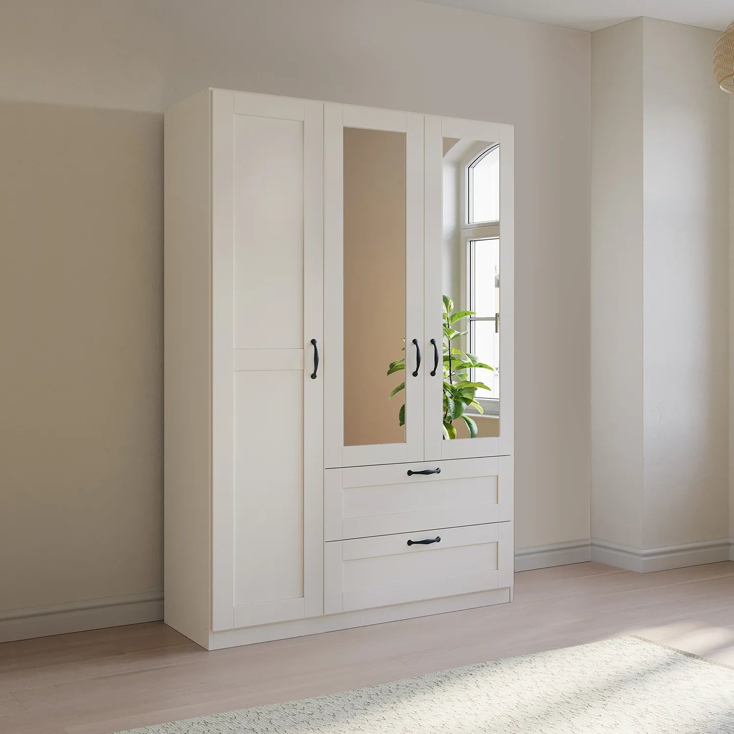 Rauch Cottage 136cm White 3 Door Wardrobe with Drawers & Mirror - Styled in a Bedroom