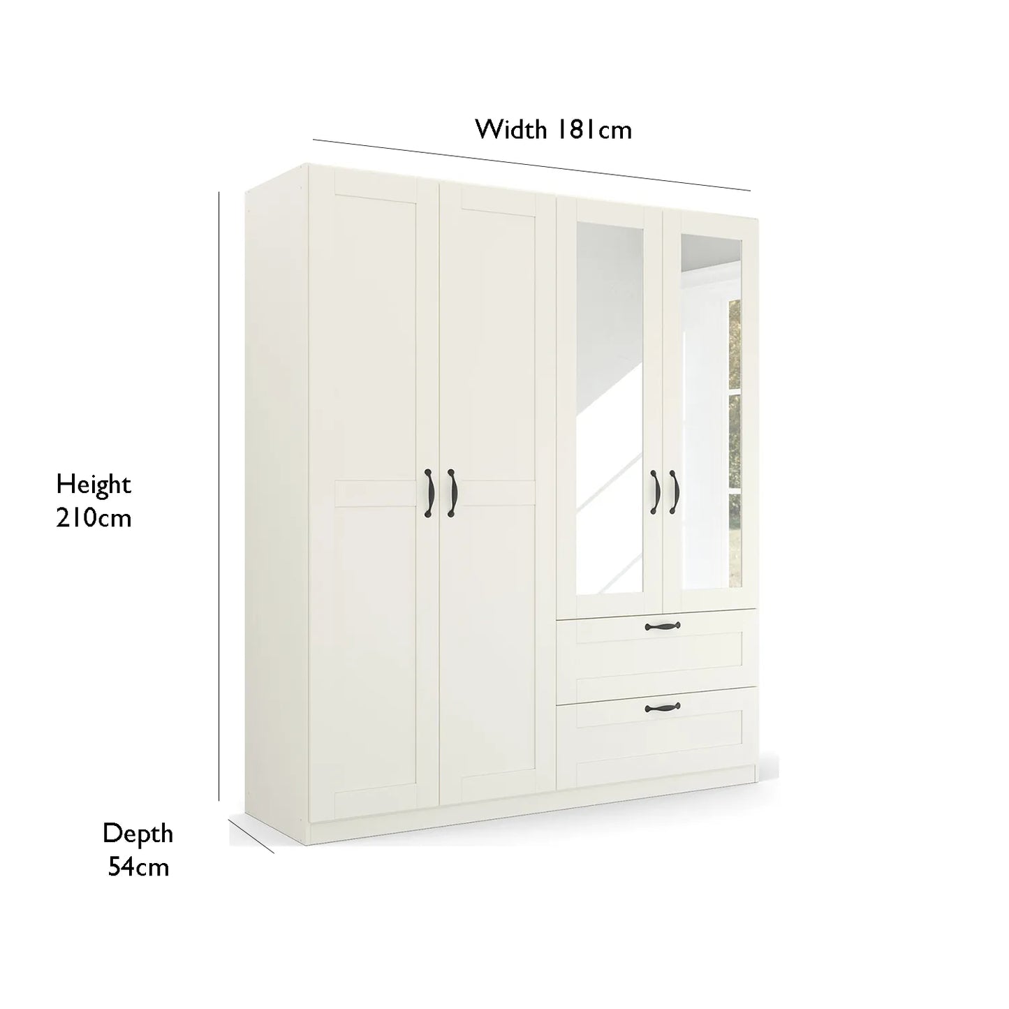 Rauch Cottage 181cm White 4 Door Wardrobe with Drawers & Mirror - Dimensions