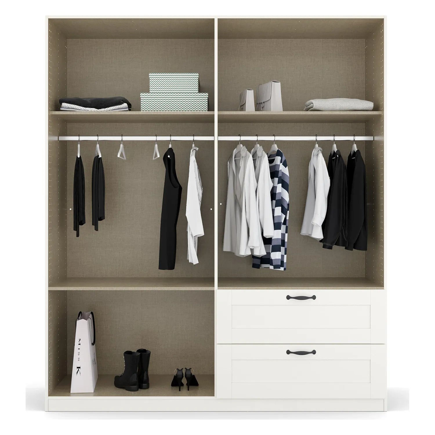 Rauch Cottage 181cm White 4 Door Wardrobe with Drawers - Interior view Styled in a Bedroom