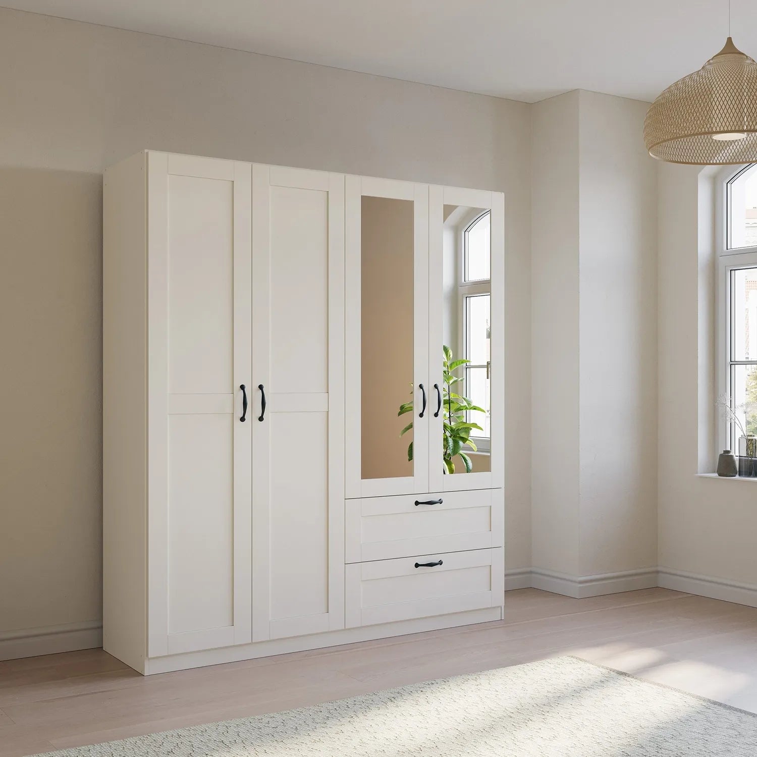 Rauch Cottage 181cm White 4 Door Wardrobe with Drawers & Mirror - Styled in a Bedroom