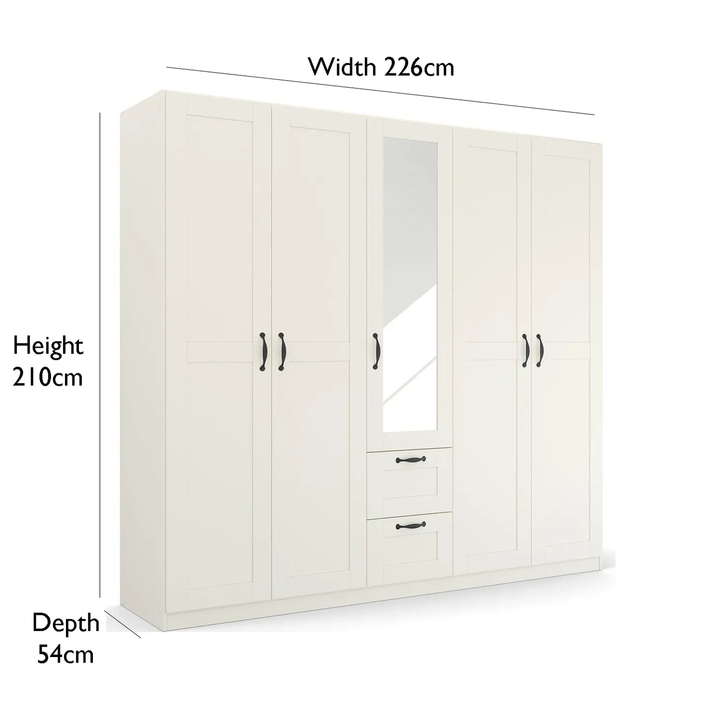 Rauch Cottage 226cm Wide 5 Door Wardrobe with Drawers & Mirror - Dimensions