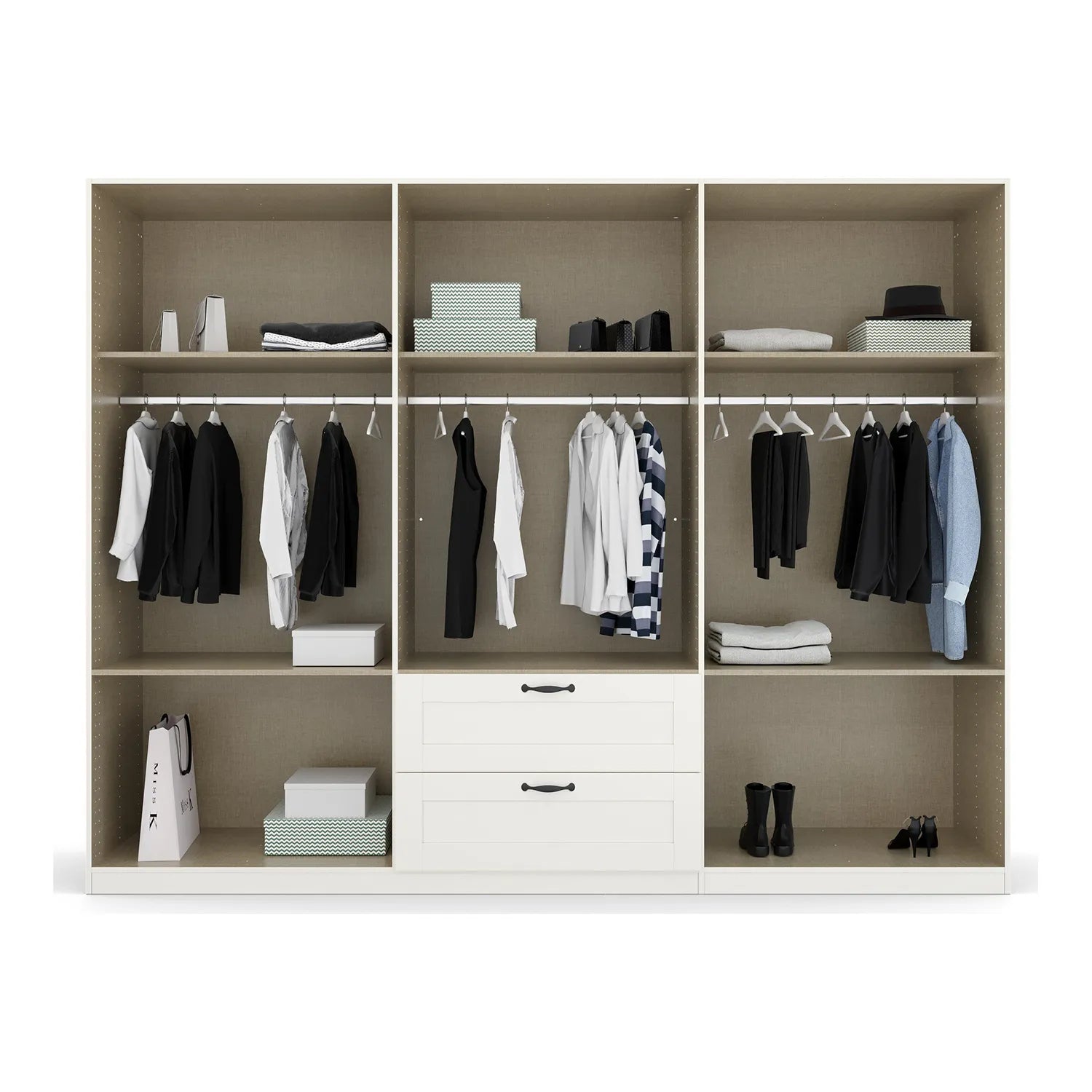 Rauch Cottage 271cm Wide 6 Door Wardrobe with Drawers - Interior view Styled in a Bedroom