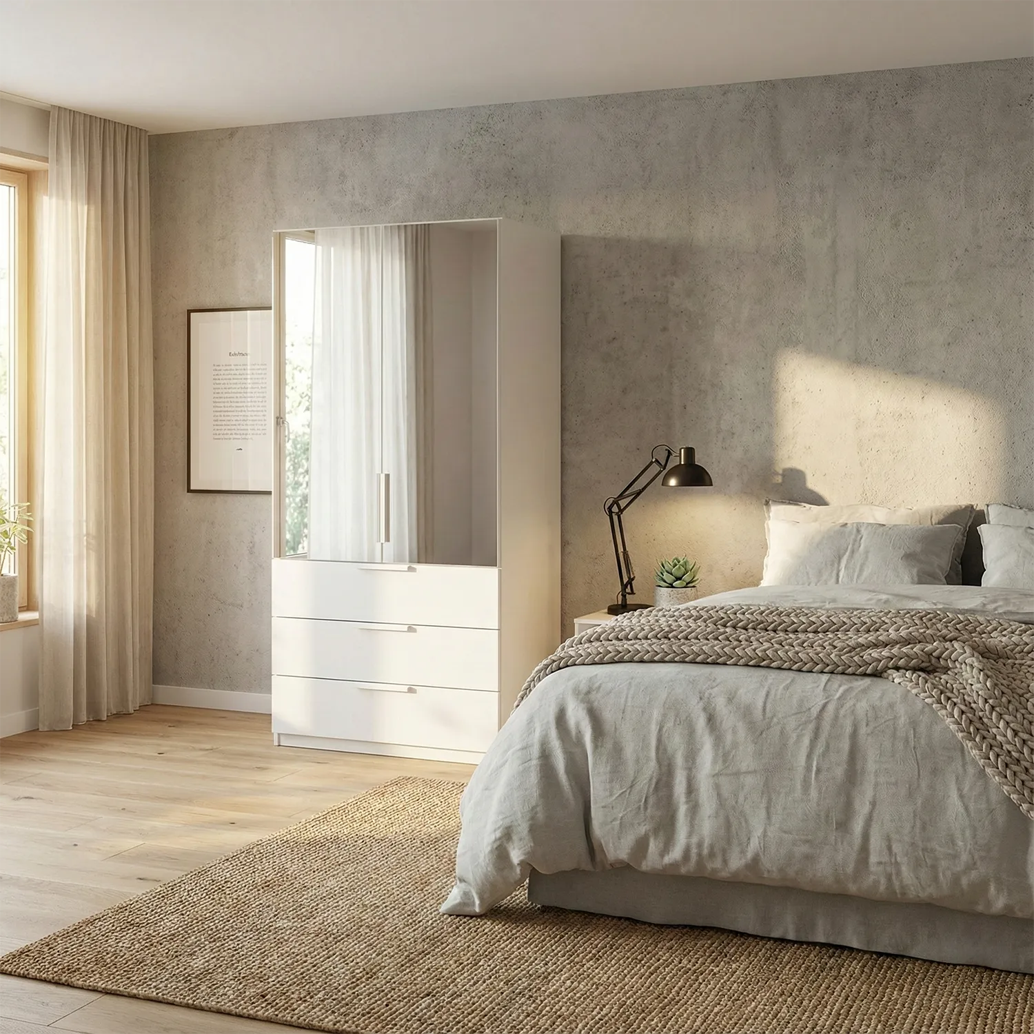 Rauch Crystal 2 Door Colour Glass & Mirror Wardrobe with Drawers in White - styled in bedroom
