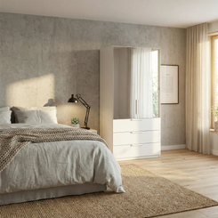 Rauch Crystal 2 Door Colour Glass & Mirror Wardrobe with Drawers in White - styled in bedroom
