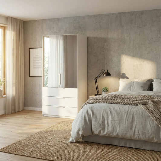 Rauch Crystal 2 Door Colour Glass & Mirror Wardrobe with Drawers in White - styled in bedroom
